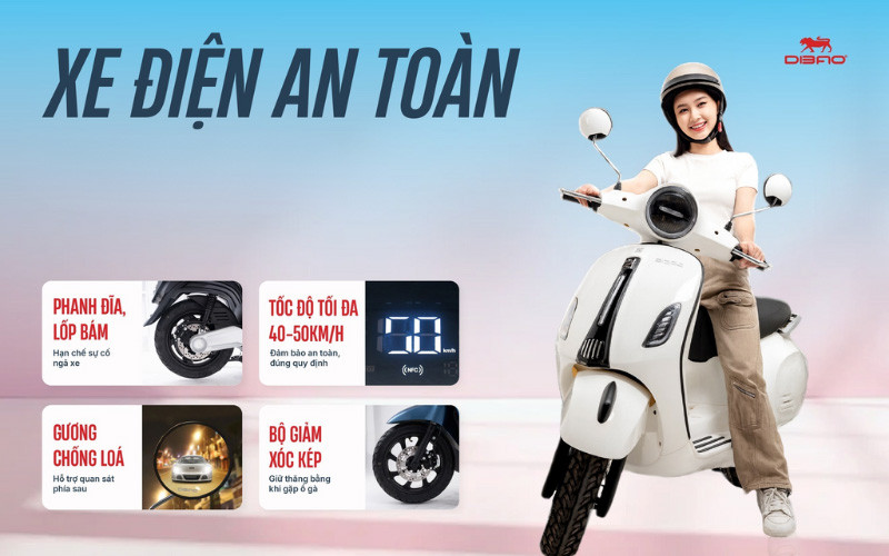 An to&agrave;n tr&ecirc;n mọi nẻo đường c&ugrave;ng c&aacute;c sản phẩm xe điện, xe 50cc của Dibao